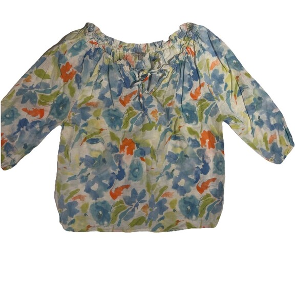 Hester & Orchard Tops - Hester & Orchard Top Linen Blend Floral Peasant Size L Beachy Watercolor Coastal